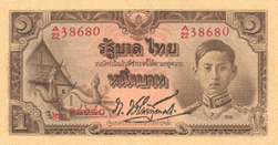 One Baht Note with Wat Phumin in the background